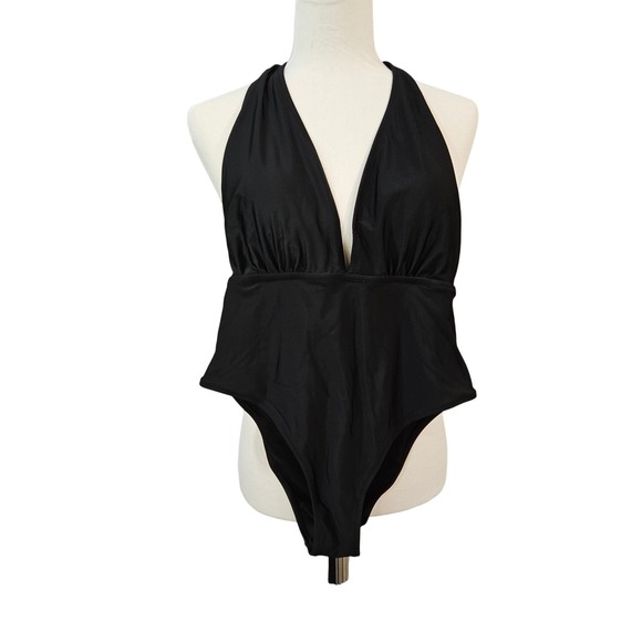 CUPSHE Natalie Plunging Halter Neck Backless One Piece Swimsuit MediumBlack - Picture 4 of 12